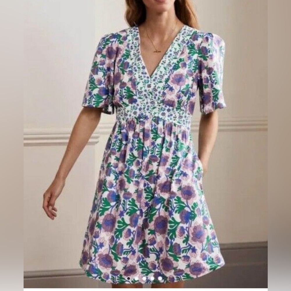 Boden Contrast Print V Neck Dress Size 12 - Picture 2 of 12